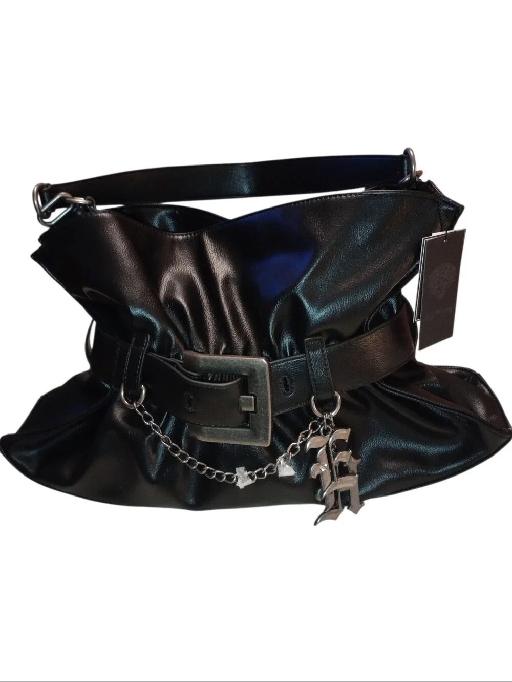 Ed Hardy Black Faux Leather Belted Shoulder Bag with Chain Charm, NWT